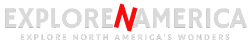 Explore America logo with the text "EXPLORE AMERICA" and the tagline "EXPLORE NORTH AMERICA'S WONDERS." The letter "N" in "AMERICA" is highlighted in red. Perfect for capturing attention, this captivating used logo conveys adventure and discovery across the continent.